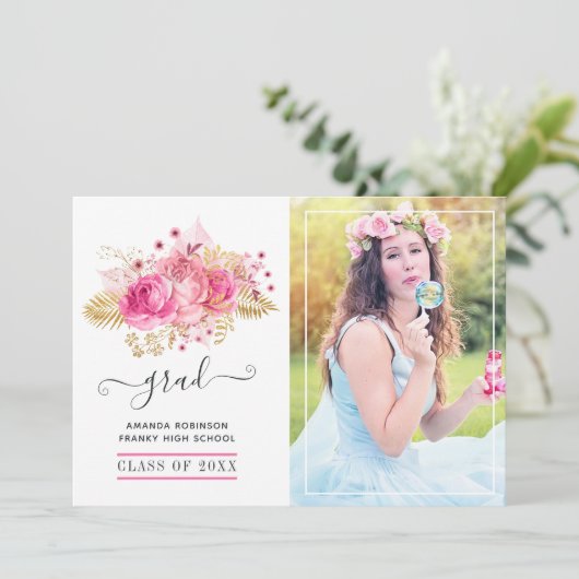 Roze en Goud Tropisch Bloemen Afstuderen Foto Aankondiging (Staand voorkant)