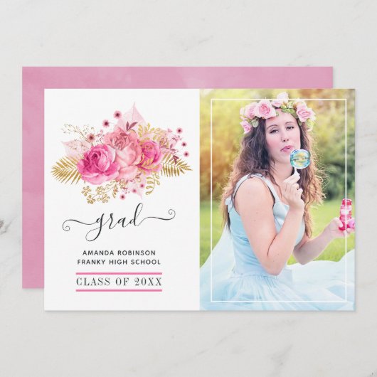 Roze en Goud Tropisch Bloemen Afstuderen Foto Aankondiging (Voorkant / Achterkant)