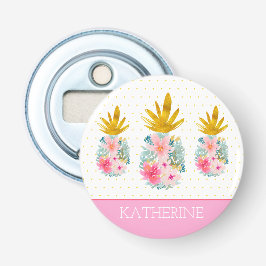 Roze en Goud Tropische Ananas en Polka Dots Button Flesopener