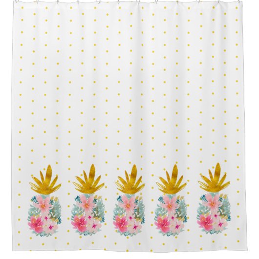 Roze en Goud Tropische Ananas en Polka Dots Douchegordijn (Voorkant)
