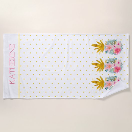 Roze en Goud Tropische Ananas en Polka Dots Strandlaken (Voorkant)