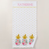Roze en Goud Tropische Ananas en Polka Dots Strandlaken (Voorkant)