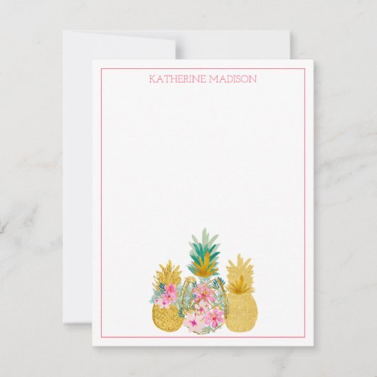 Roze en Goud Tropische Bloemen Ananas Notitiekaartje (Voorkant)