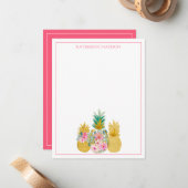 Roze en Goud Tropische Bloemen Ananas Notitiekaartje (Voorkant / Achterkant in situ)
