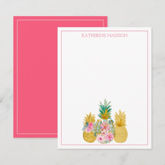 Roze en Goud Tropische Bloemen Ananas Notitiekaartje (Voorkant / Achterkant)