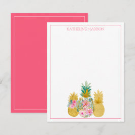 Roze en Goud Tropische Bloemen Ananas Notitiekaartje
