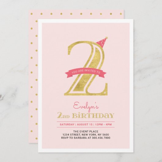 Roze en goud | Tweede verjaardag van het meisje Kaart (Voorkant / Achterkant)