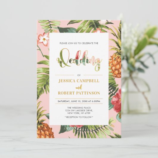 Roze en goud | Uitnodiging tot Tropische zomerwedd (Staand voorkant)