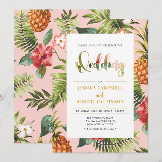 Roze en goud | Uitnodiging tot Tropische zomerwedd (Voorkant / Achterkant)