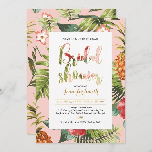 Roze en goud | Uitnodiging voor Tropische Bridal (Voorkant / Achterkant)