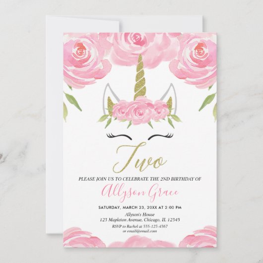 roze en goud Unicorn 2e verjaardag Kaart (Voorkant)