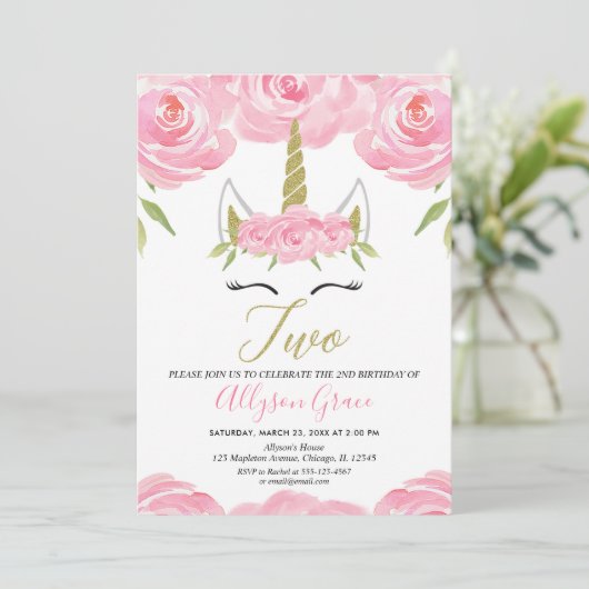 roze en goud Unicorn 2e verjaardag Kaart (Staand voorkant)