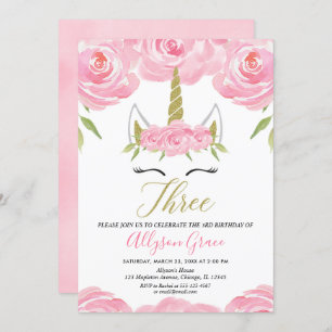 roze en goud Unicorn 3de verjaardag Kaart