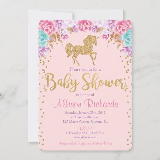 Roze en goud Uniforme uitnodiging voor baby shower (Voorkant)