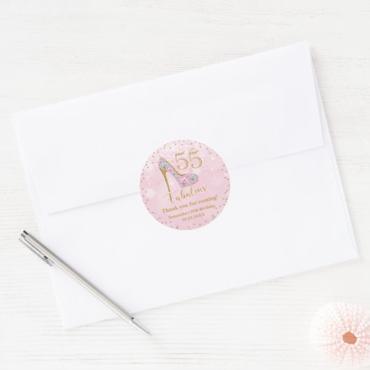 Roze en Goud Vijftig Vijf & Fabulous 55ste Verjaar Ronde Sticker (Envelop)