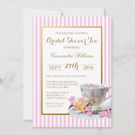 Roze en Goud - Vrijgezellenfeest Tea Invitation Kaart (Voorkant)