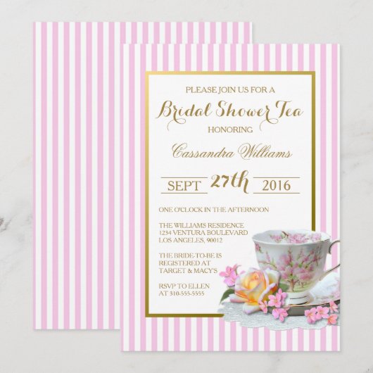 Roze en Goud - Vrijgezellenfeest Tea Invitation Kaart (Voorkant / Achterkant)