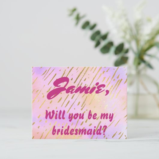Roze en Goud Wil je mijn bruidsmeisje zijn Uitnodiging Briefkaart (Staand voorkant)