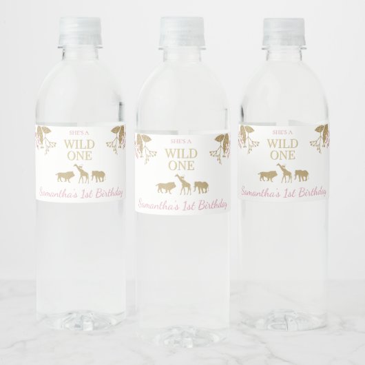 Roze en Goud Wild Een 1e Verjaardag Meisje Waterfles Etiket (Flessen)