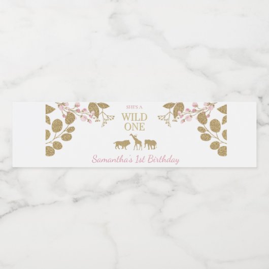 Roze en Goud Wild Een 1e Verjaardag Meisje Waterfles Etiket (Enkel label)
