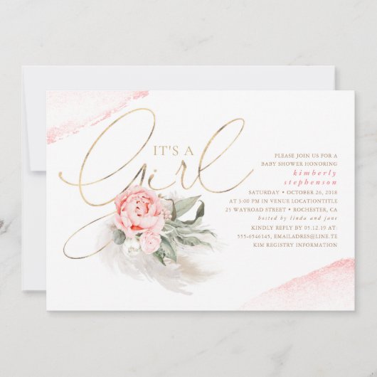 Roze en goud zijn een Baby shower van Floral Boho Kaart (Voorkant)