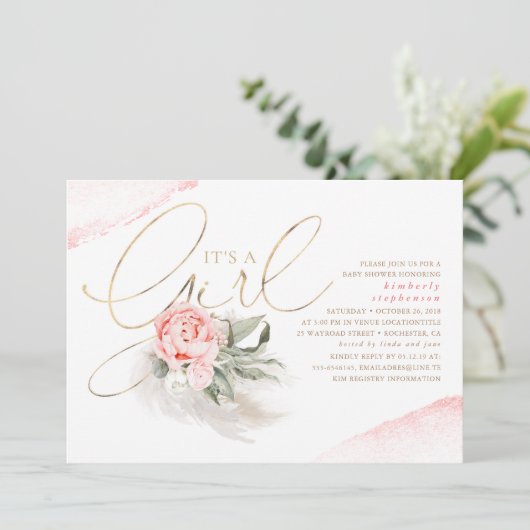 Roze en goud zijn een Baby shower van Floral Boho Kaart (Staand voorkant)