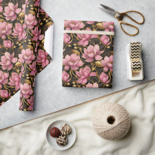 Roze en goudbloeiende Magnolia Bloemen Cadeaupapier
