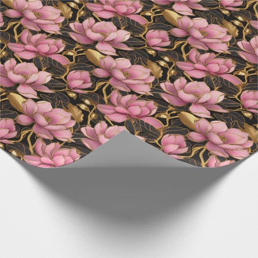 Roze en goudbloeiende Magnolia Bloemen Cadeaupapier (Hoek)
