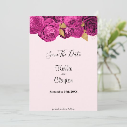 Roze en goudbloem besparen de datum save the date (Staand voorkant)