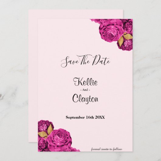 Roze en goudbloem besparen de datum save the date (Voorkant / Achterkant)