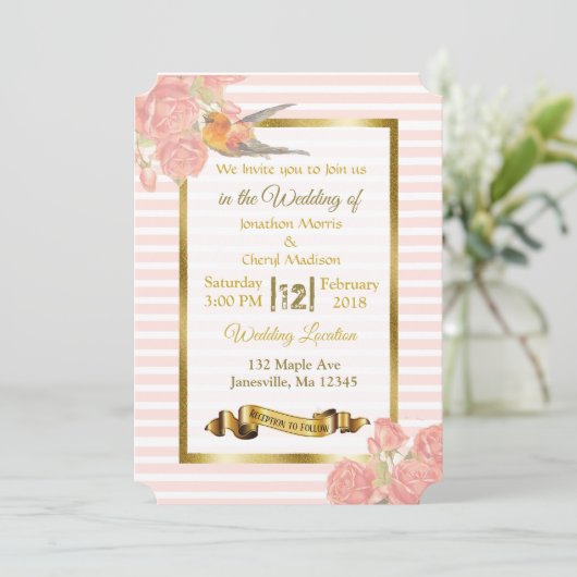 Roze en goudbloemen en uitvindingen van het vogelh kaart (Staand voorkant)