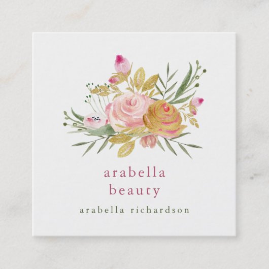Roze en goudbloemen | Icons voor sociale media Vierkante Visitekaartje (Voorkant)