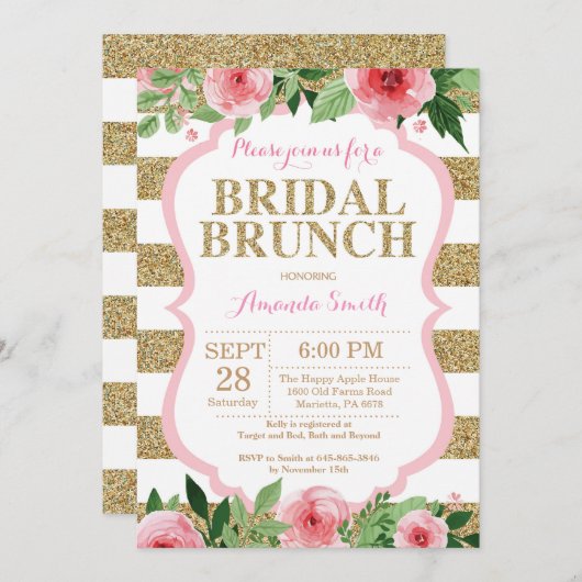 Roze en goudbruin Brunch Invitation Glitter Kaart (Voorkant / Achterkant)
