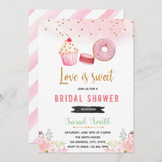 Roze en goudbruine doucheuitnodiging kaart (Voorkant / Achterkant)