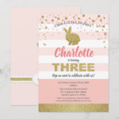 Roze en goudbunny girl 3e verjaardag uitnodiging (Voorkant / Achterkant)