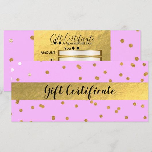 Roze en goudConfetti Stippen Glam Cadeaubon (Voorkant / Achterkant)