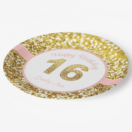 Roze en gouden 16de verjaardagsborden papieren bordje (Gekanteld)