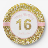 Roze en gouden 16de verjaardagsborden papieren bordje (Voorkant)