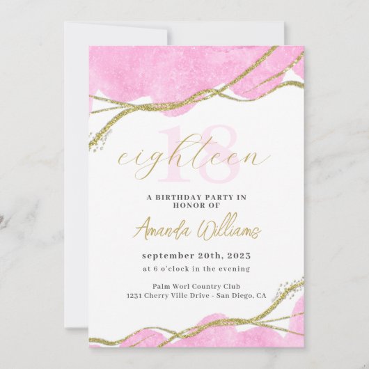 Roze en gouden 18e verjaardag kaart (Voorkant)
