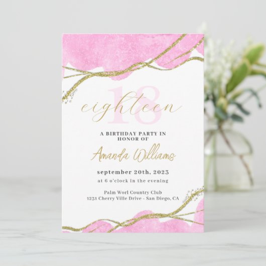 Roze en gouden 18e verjaardag kaart (Staand voorkant)