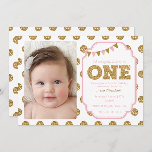 Roze en gouden 1e verjaardag uitnodiging (Voorkant / Achterkant)