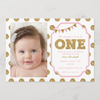 Roze en gouden 1e verjaardag uitnodiging