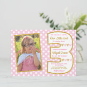 Roze en gouden 3e verjaardag uitnodiging (Staand voorkant)