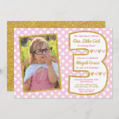 Roze en gouden 3e verjaardag uitnodiging (Voorkant / Achterkant)