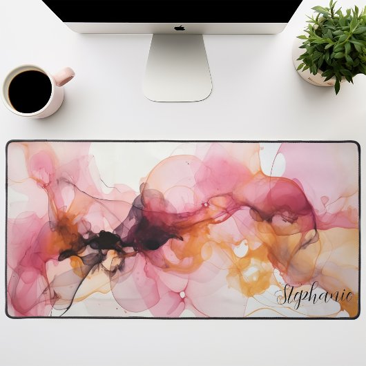 Roze En Gouden Abstracte Alcohol Inkt Bureaumat