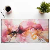 Roze en Gouden Abstracte Alcohol Inkt Kunstwerk Bureaumat