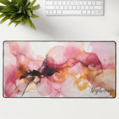 Roze en Gouden Abstracte Alcohol Inkt Kunstwerk Bureaumat