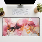 Roze en Gouden Abstracte Alcohol Inkt Kunstwerk Bureaumat