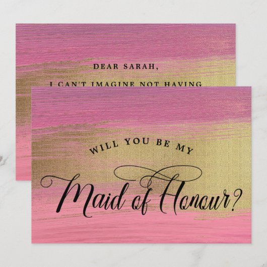 Roze en gouden Abstracte bruidsmeisje met eervolle Kaart (Voorkant / Achterkant)