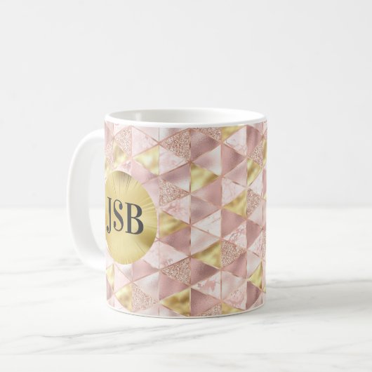 Roze en Gouden Abstracte Kunst Monogram Mok (Voorkant links)